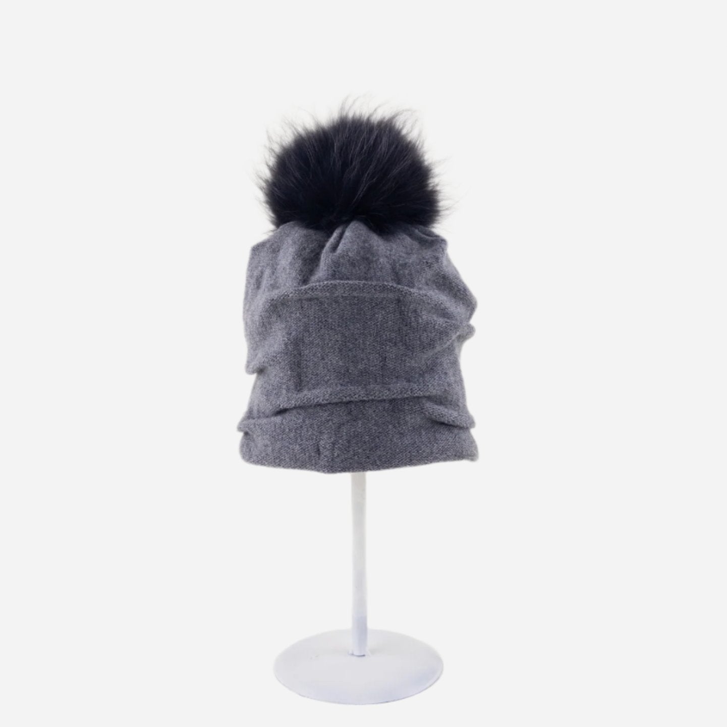 Ruched Wool Beanie with Fur Pom Pom