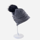 Ruched Wool Beanie with Fur Pom Pom