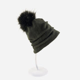 Ruched Wool Beanie with Fur Pom Pom