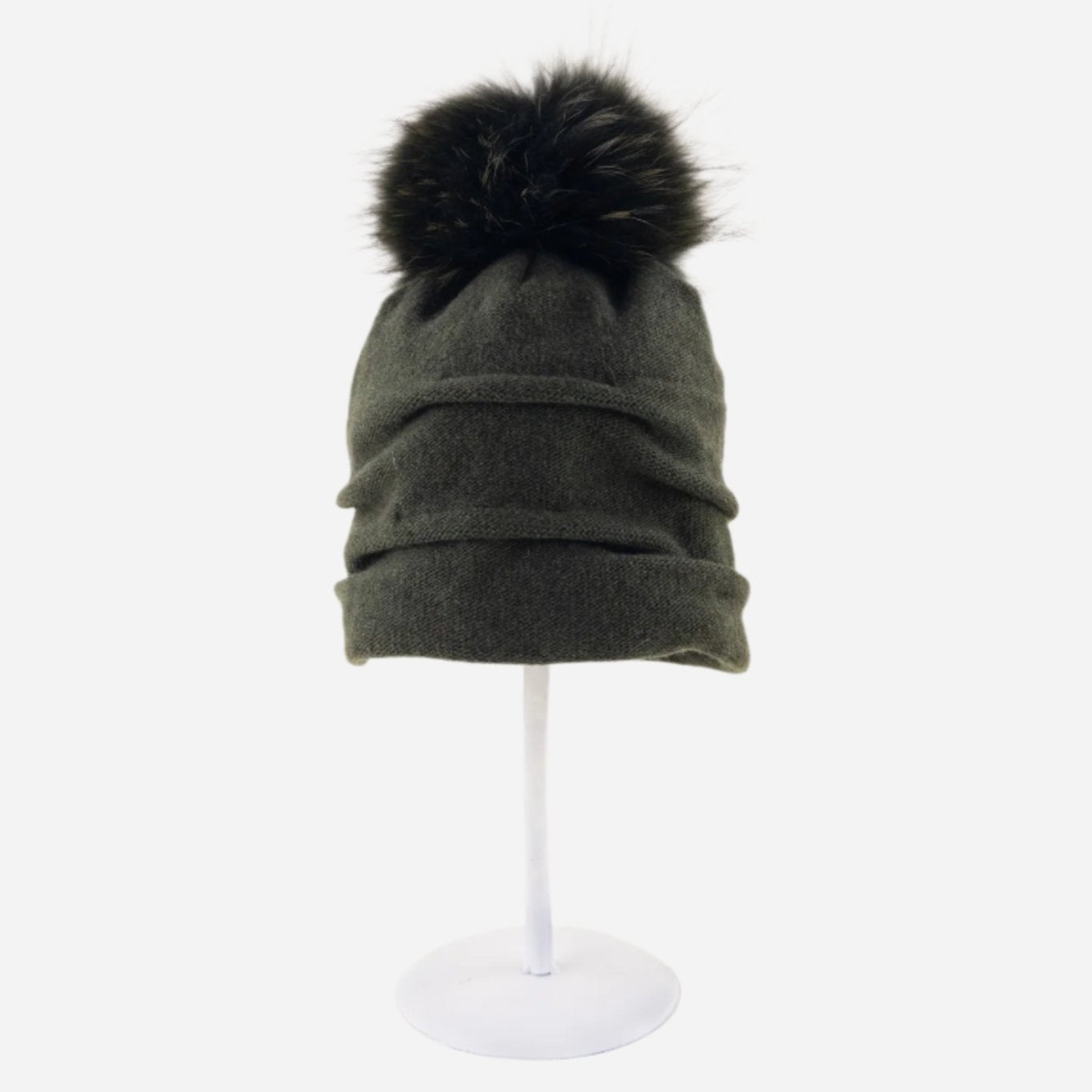 Ruched Wool Beanie with Fur Pom Pom