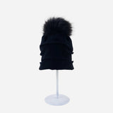 Ruched Wool Beanie with Fur Pom Pom