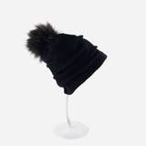 Ruched Wool Beanie with Fur Pom Pom