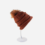 Ruched Wool Beanie with Fur Pom Pom