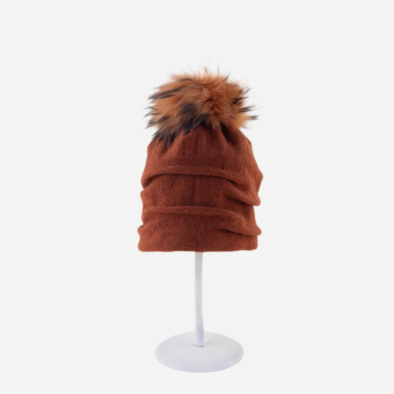 Ruched Wool Beanie with Fur Pom Pom