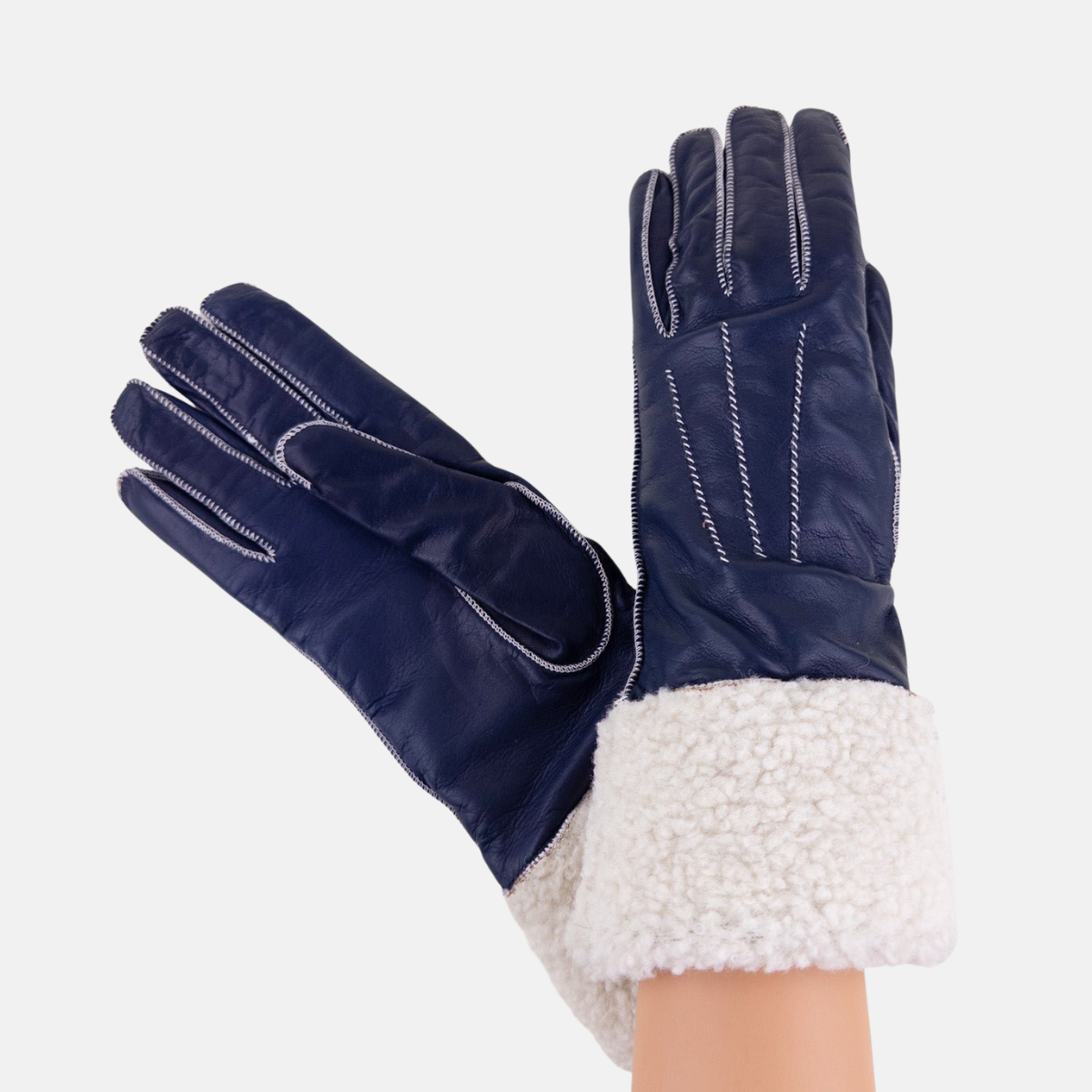 Artigiano Del Guanto Leather Glove with Contrast Shearling Cuff in Navy - Big Bag NY