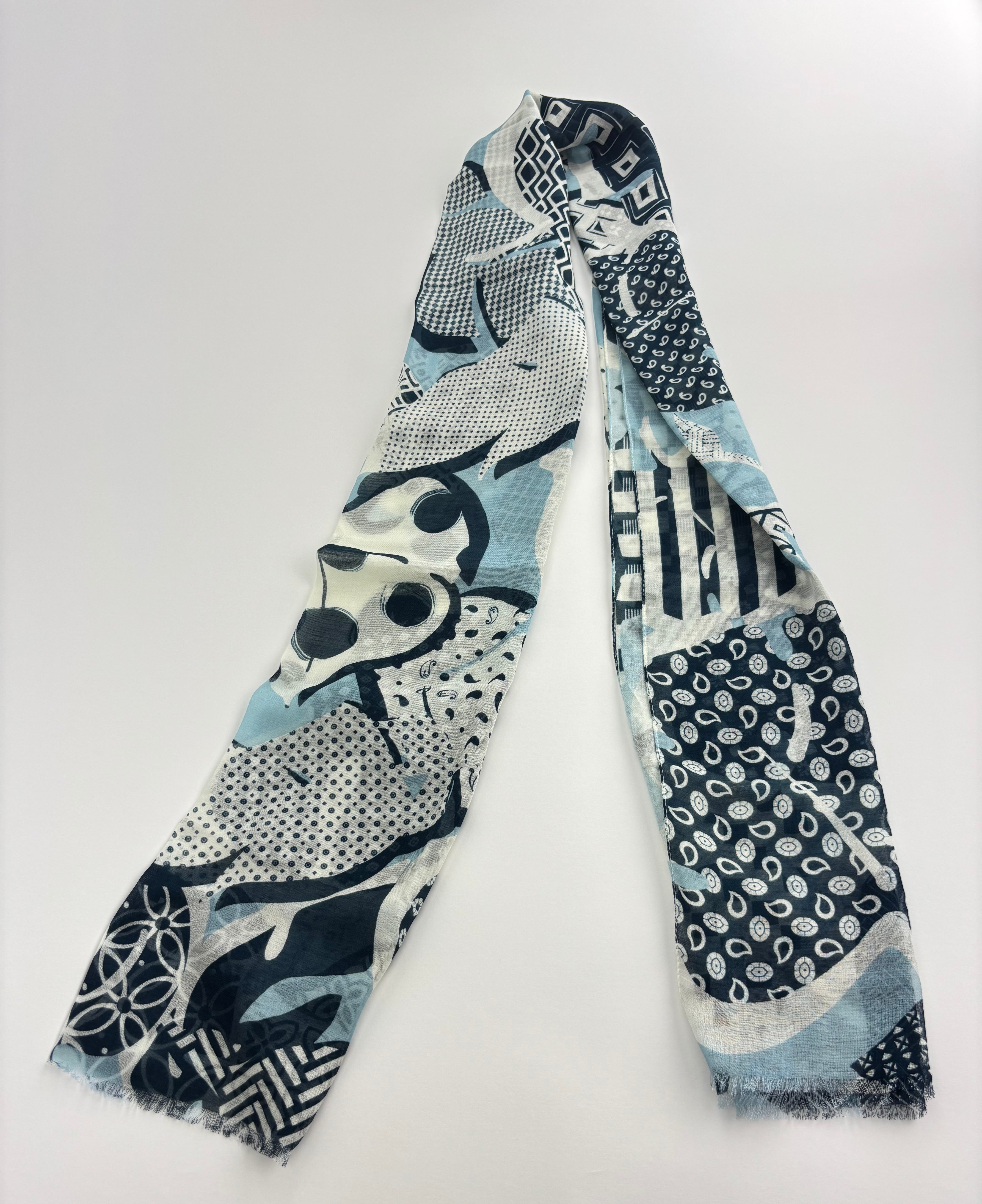 Blue and White Mixed Patterns Scarf - Big Bag NY