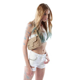 Small Crochet Flapover Shoulder Bag in Metallic Gold