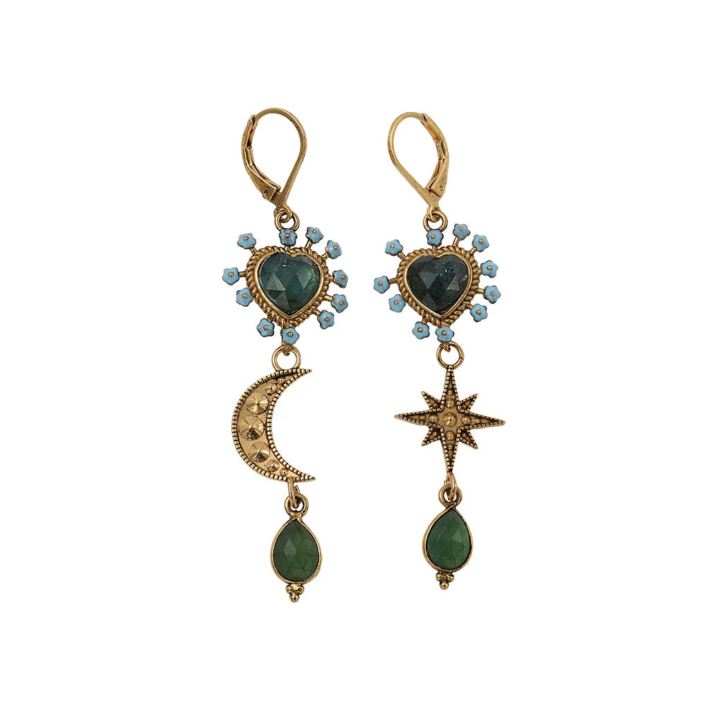 LA2L LUNA Asymmetrical Blue Tourmaline and Serpentine Drop Earrings - Big Bag NY