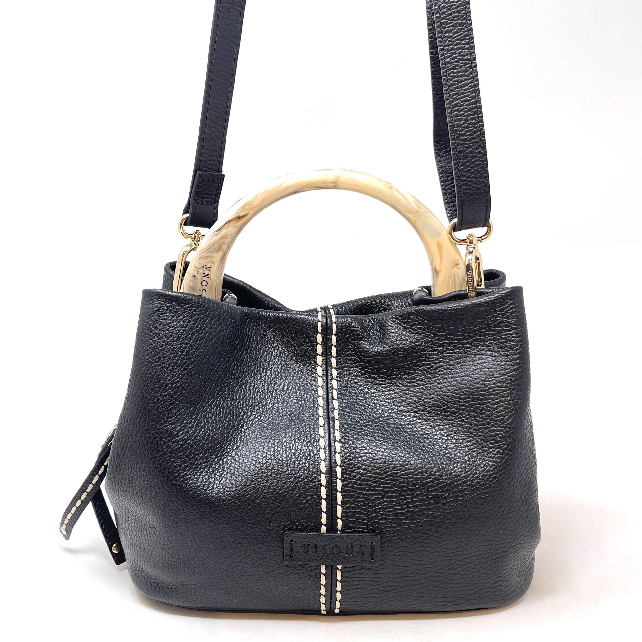 Plinio Visona Tortoise Handle Contrast Stitch Handbag Black - Big Bag NYPV-25221-NERO - Big Bag NY 2
