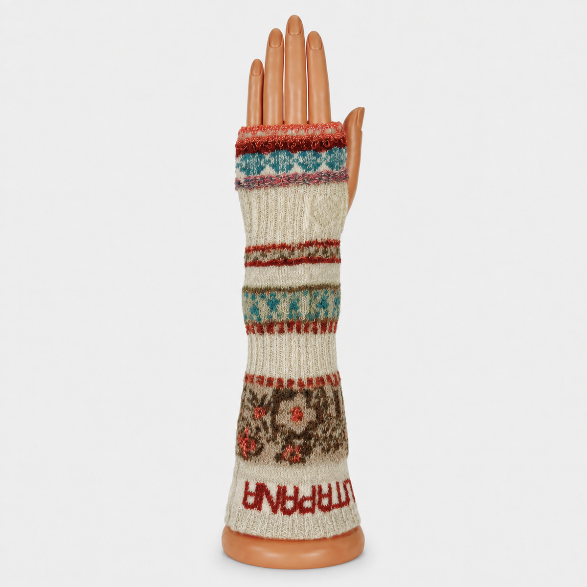 Butapana Printed Long Fingerless Armwarmer Wool Glove in Ivory Beige - Big Bag NY