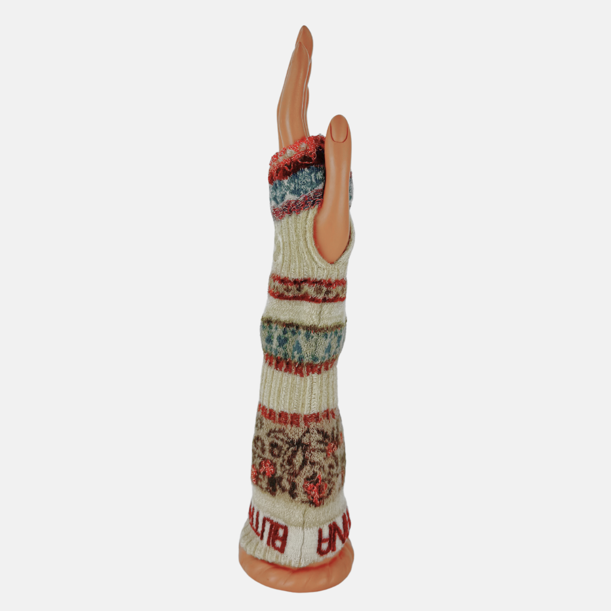 Butapana Printed Long Fingerless Armwarmer Wool Glove in Ivory Beige - Big Bag NY