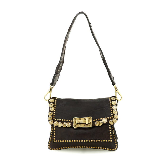Campomaggi AGNESE Studded Coins Shoulder Bag in Dark Brown - BIG BAG NY