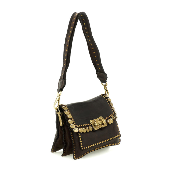 Campomaggi AGNESE Studded Coins Shoulder Bag in Dark Brown - BIG BAG NY