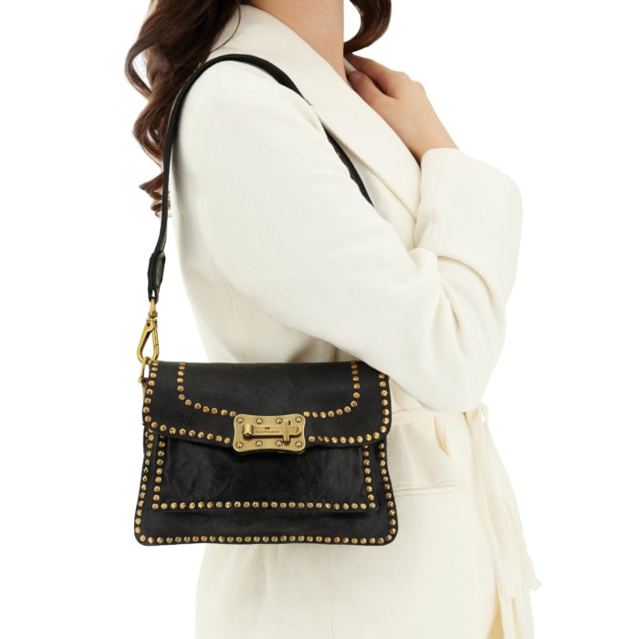 Campomaggi AGNESE Studded Shoulder Bag in Black - BIG BAG NY