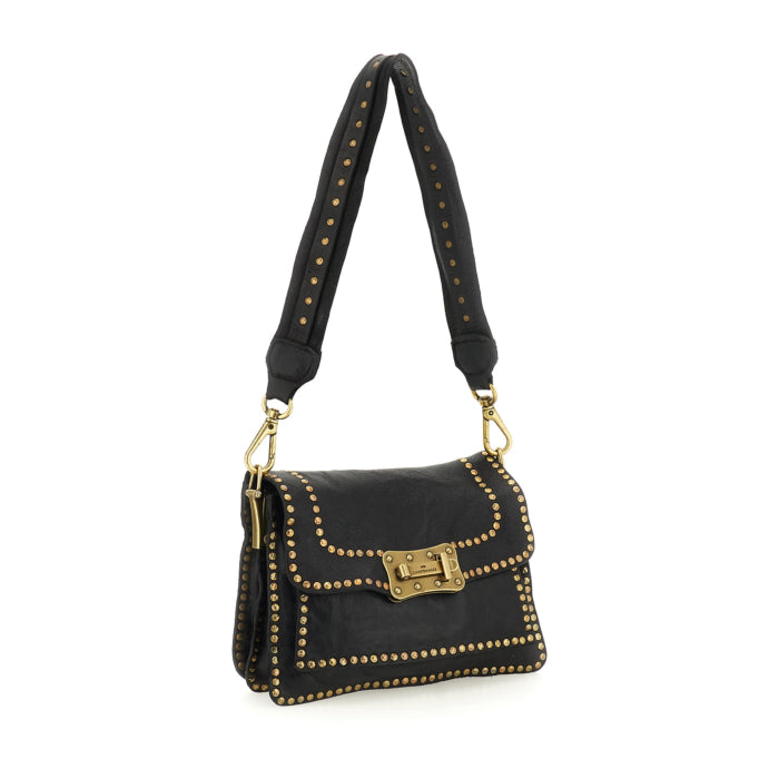 Campomaggi AGNESE Studded Shoulder Bag in Black - BIG BAG NY