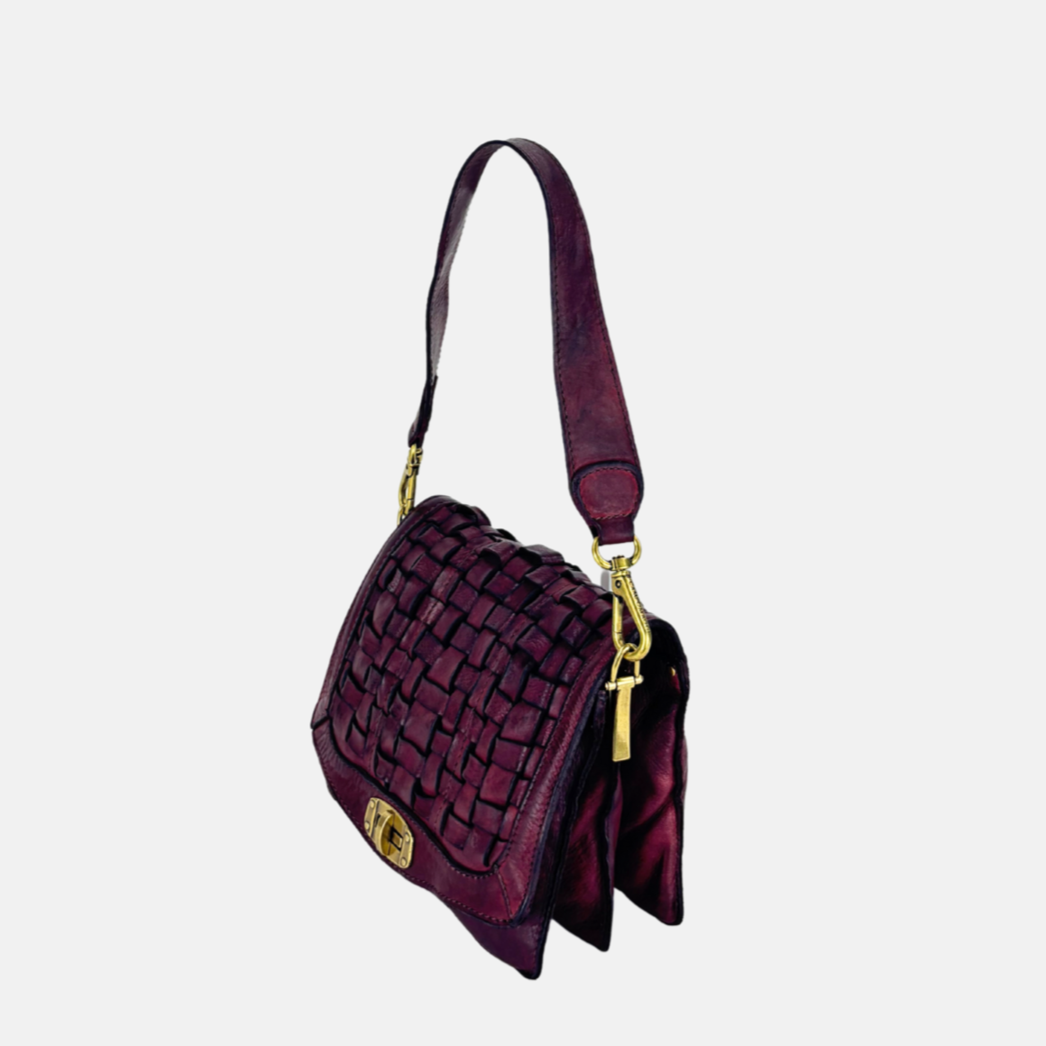 Campomaggi PERLA Woven Flap Crossbody Bag in Burgundy Big Bag NY side
