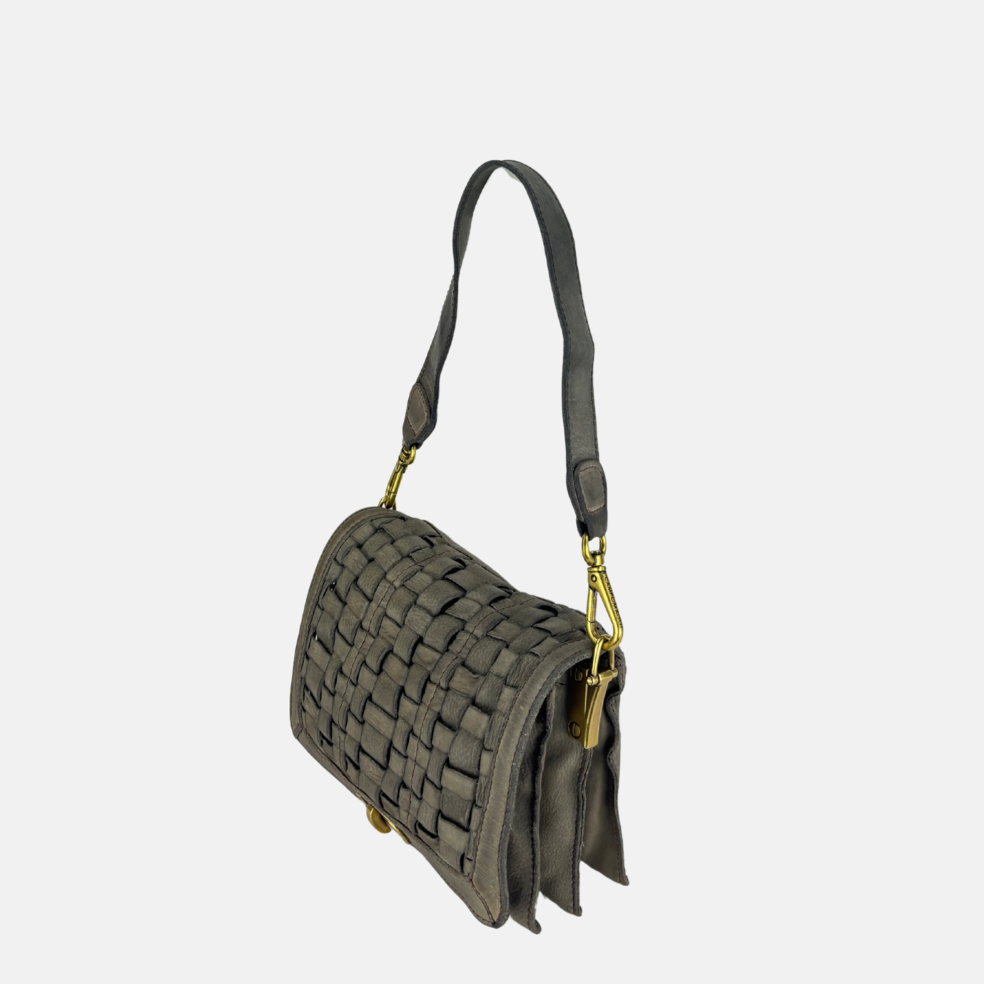 Campomaggi PERLA Woven Flap Crossbody Bag in Cement Grey Big Bag NY side
