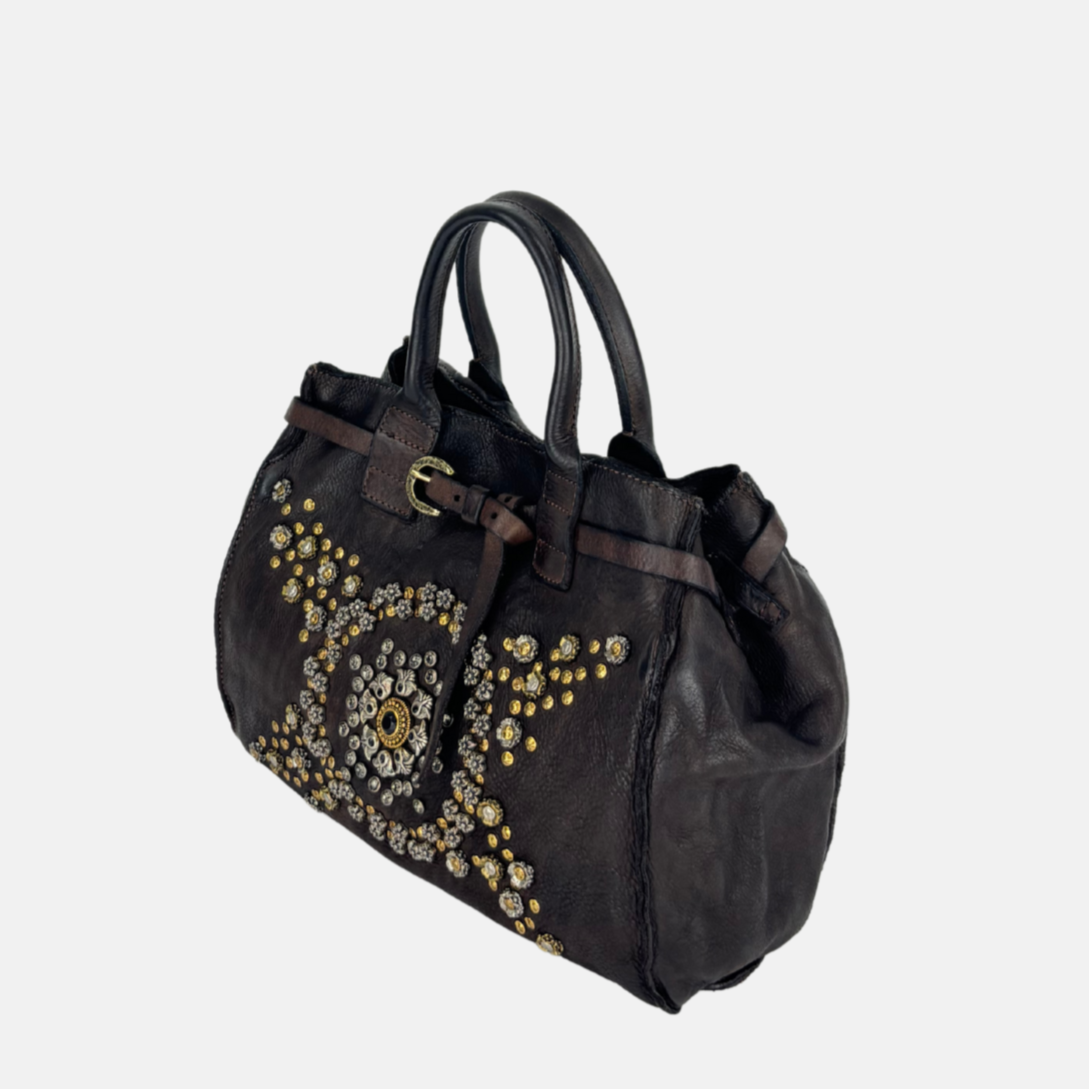 Campomaggi ROSSELLA Studded Brown Top Handle Tote - Big Bag NY side