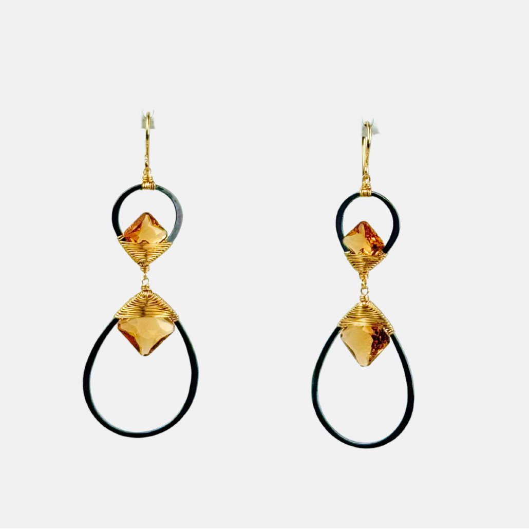Dana Kellin Dark Silver and Double Smoky Quartz Long Dangle Hoop Earrings - Big Bag NY