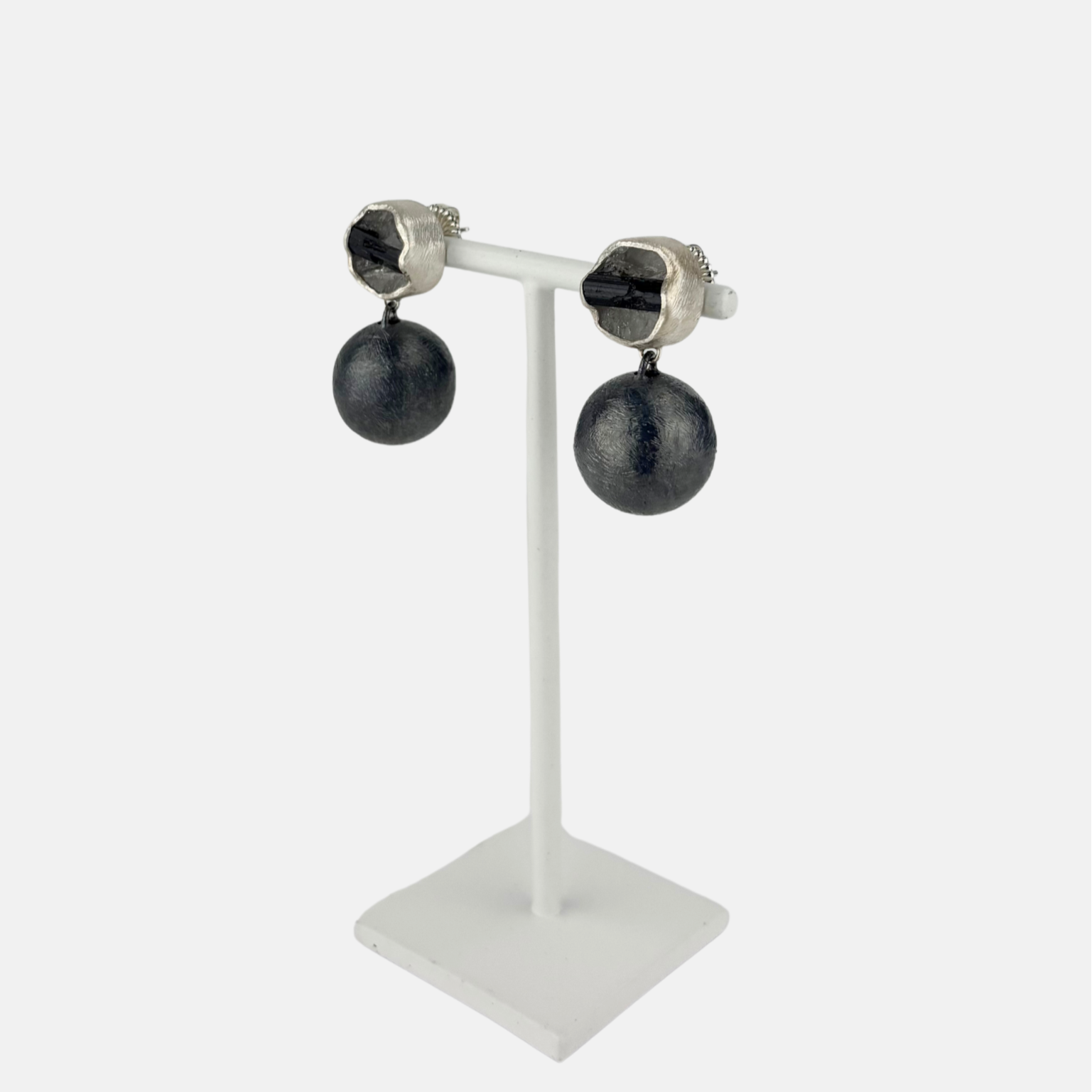 Black and Silver Ball Drop Earrings in Tourmaline Quartz - Big Bag NY
