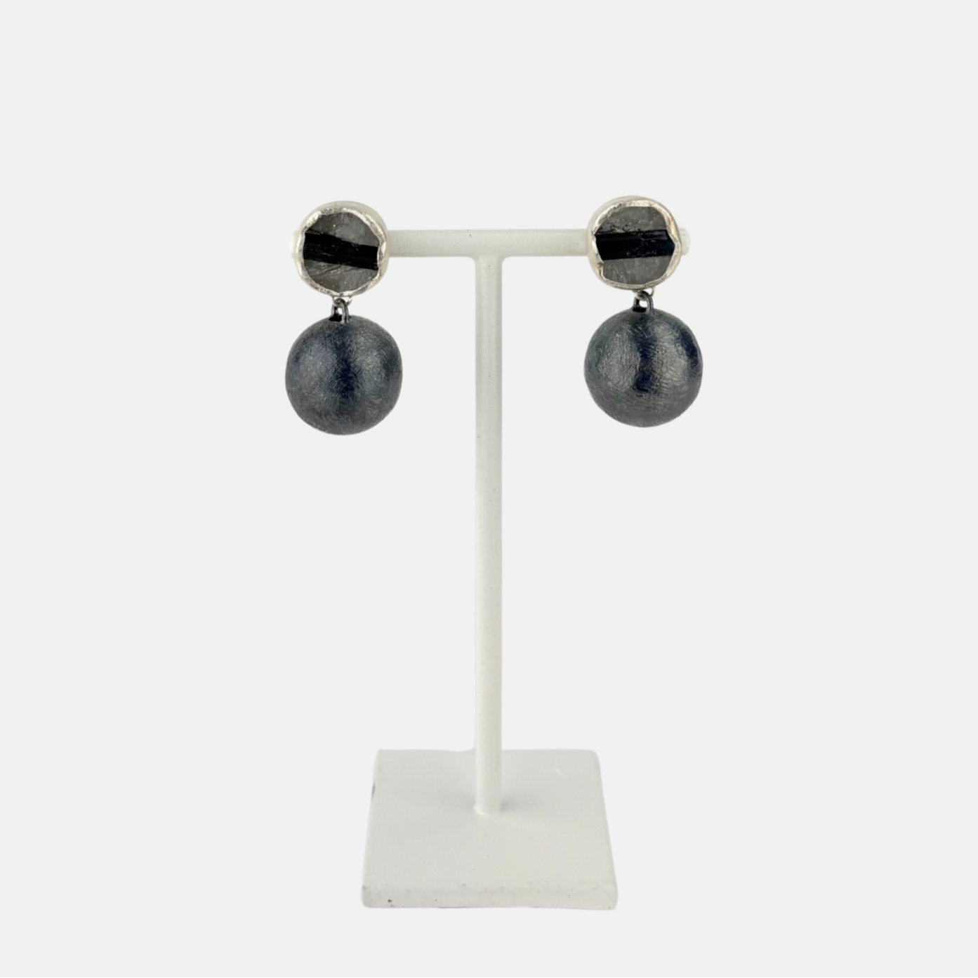 Black and Silver Ball Drop Earrings in Tourmaline Quartz - Big Bag NY