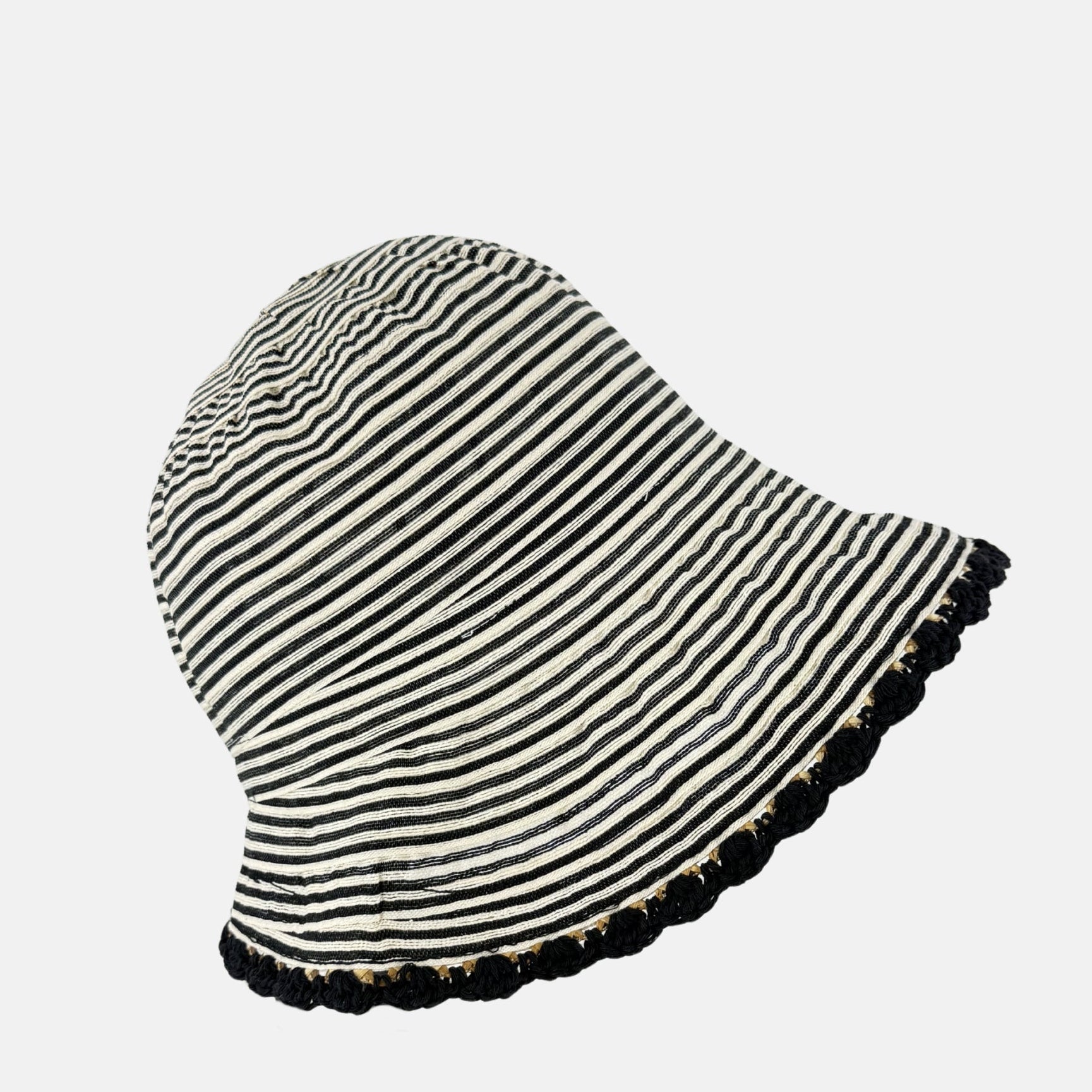 Ferruccio Vecchi Black and White Striped Cloche Hat with Crochet Trim - Big Bag NY