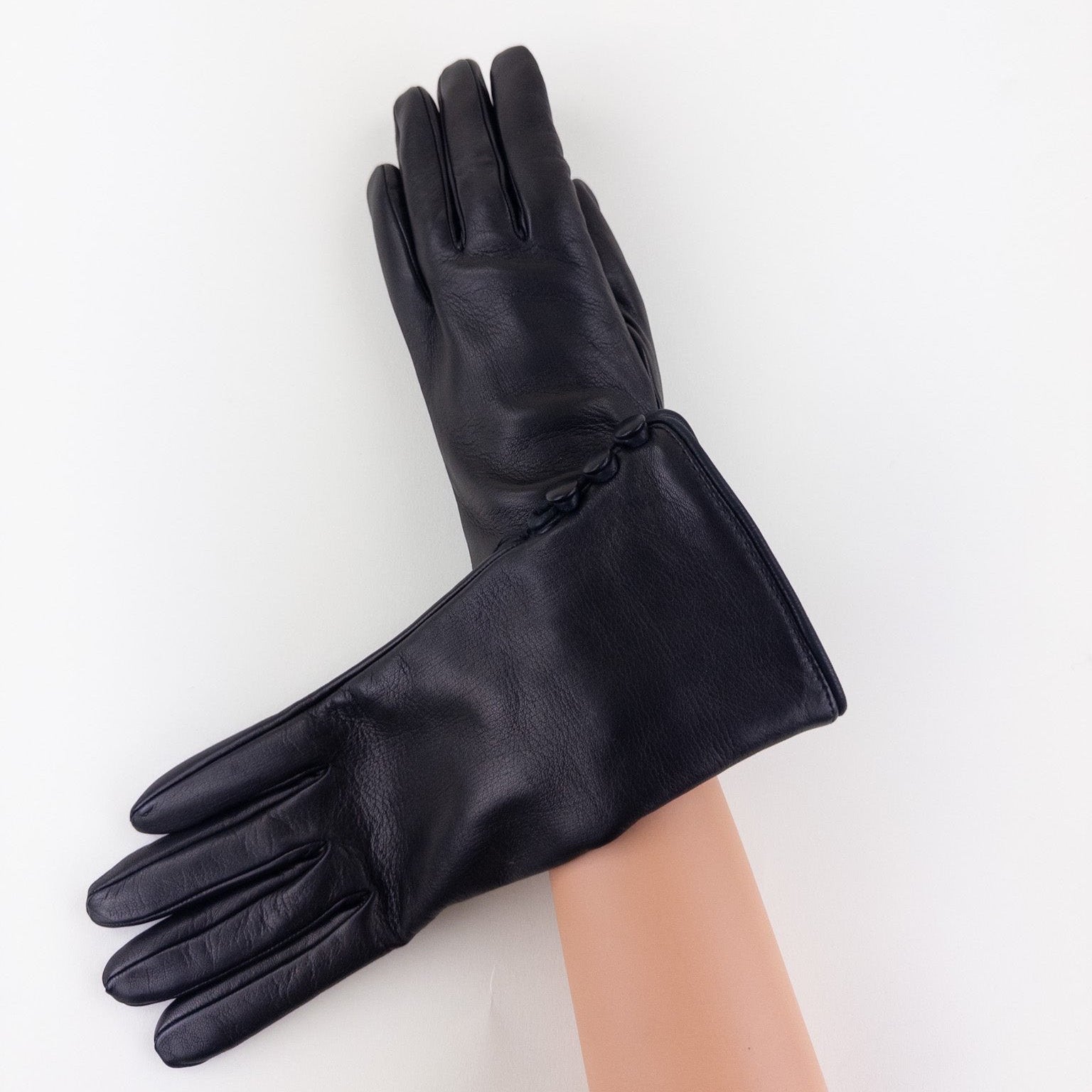 Gala 3 Button Leather Gloves with Cashmere Lining in Black - Big Bag NY
