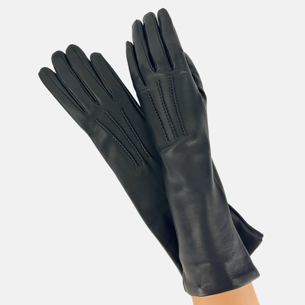 Gala Mid-Length Leather Glove with Silk Lining in Black - Big Bag NY