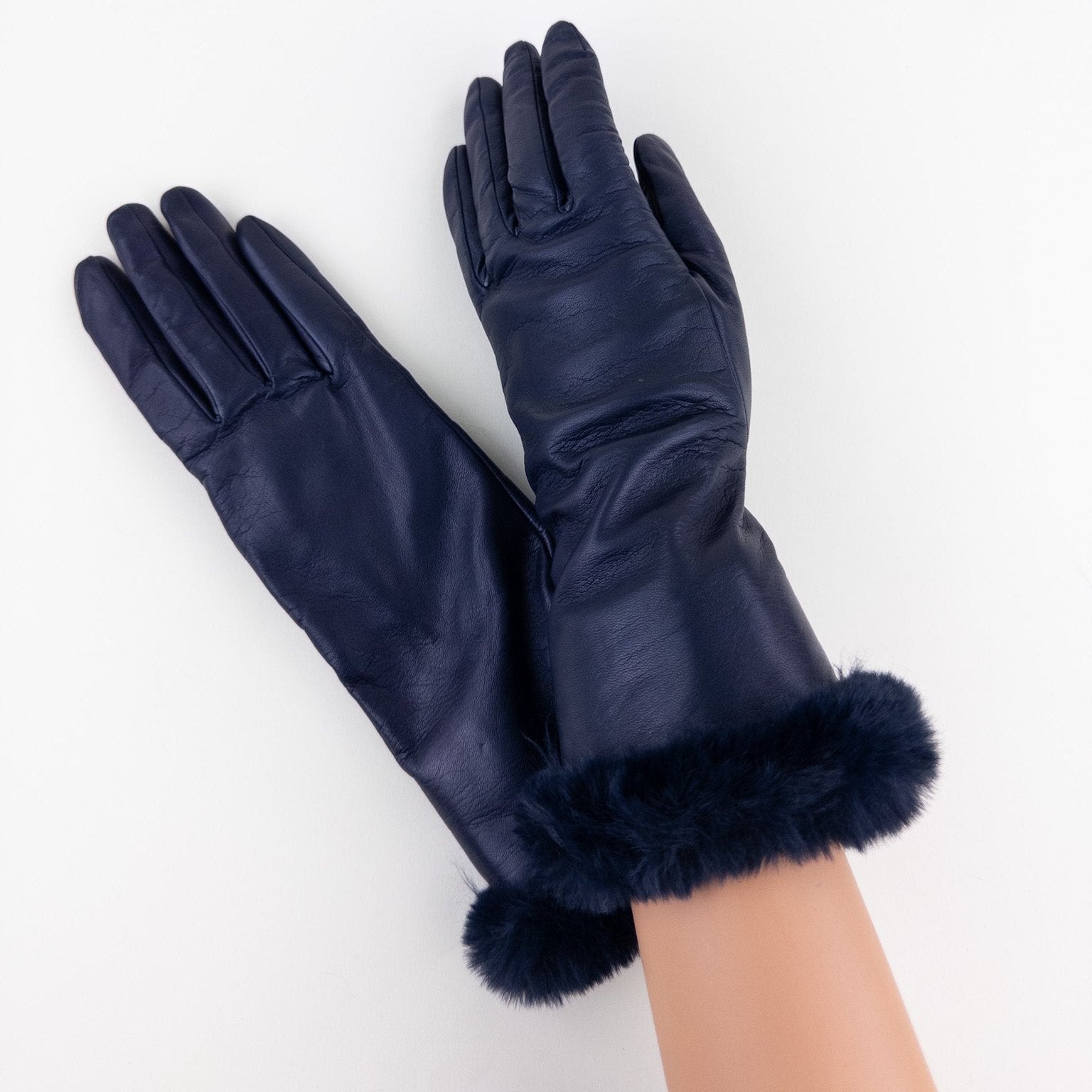 Gala Mid-length Nappa Leather Gloves with Cashmere Lining in Navy - Big bag NY