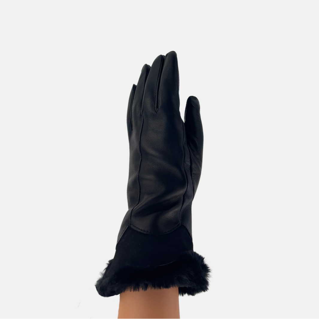Gala Turned Fur Cuff Leather Gloves w/ Touchscreen Tech - Black - Big Bag NY