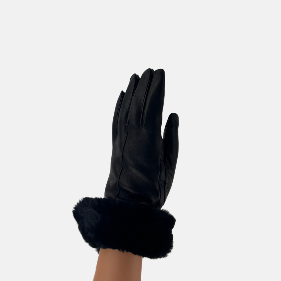 Gala Turned Fur Cuff Leather Gloves w/ Touchscreen Tech - Black - Big Bag NY