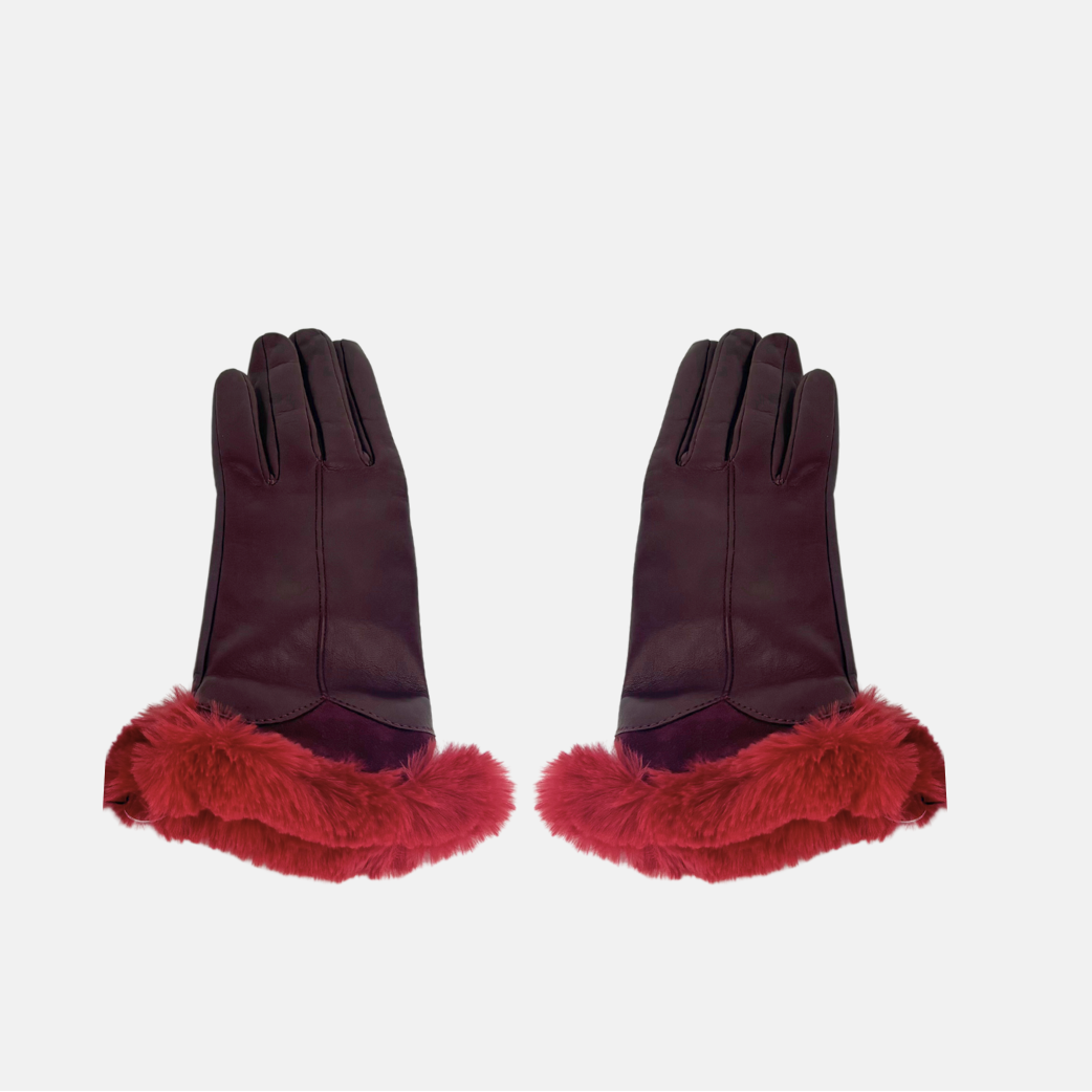 Gala Turned Fur Cuff Leather Gloves w/ Touchscreen Tech - Bordeaux - Big Bag NY