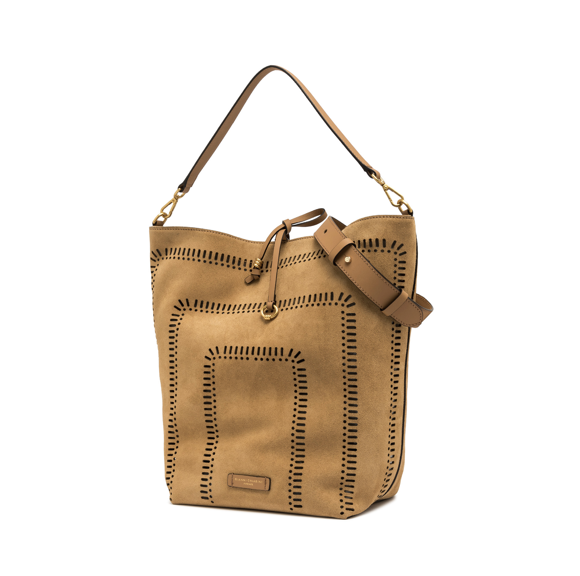 Gianni Chiarini Vanessa Large Suede Perforated Bucket Bag Peanut Butter - Big Bag NY