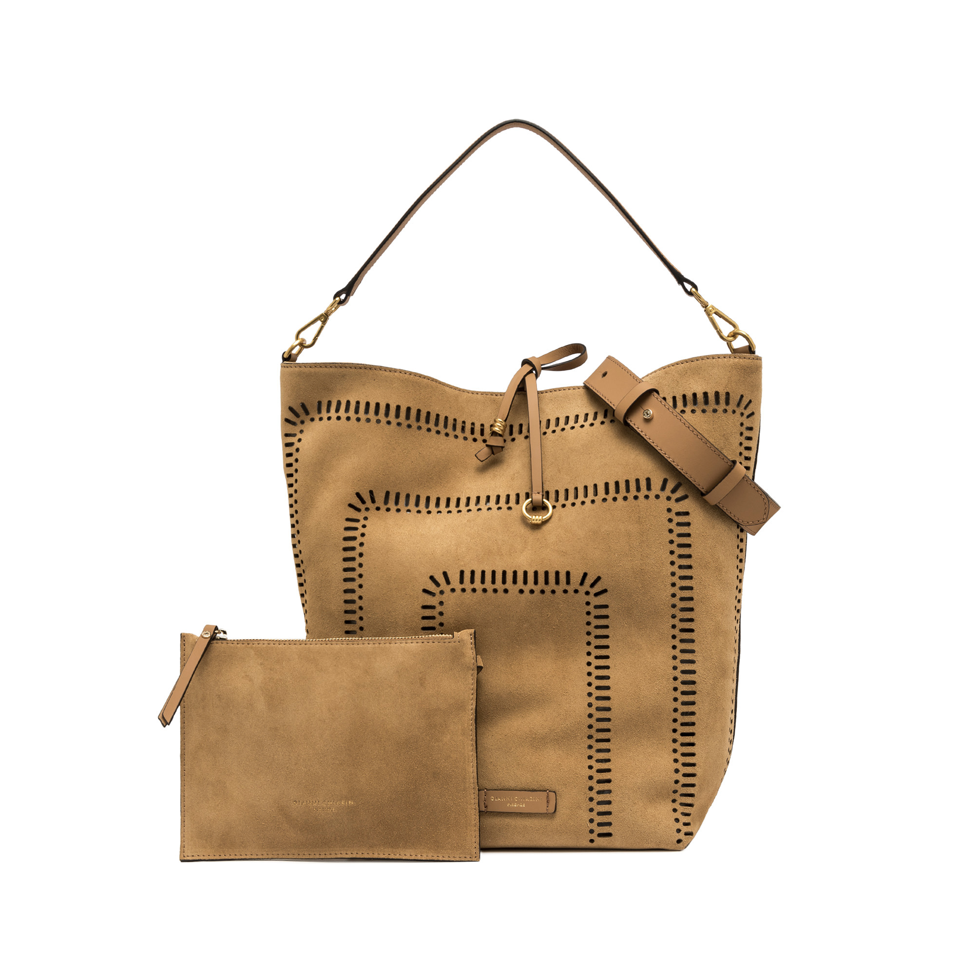 Gianni Chiarini Vanessa Large Suede Perforated Bucket Bag Peanut Butter - Big Bag NY 