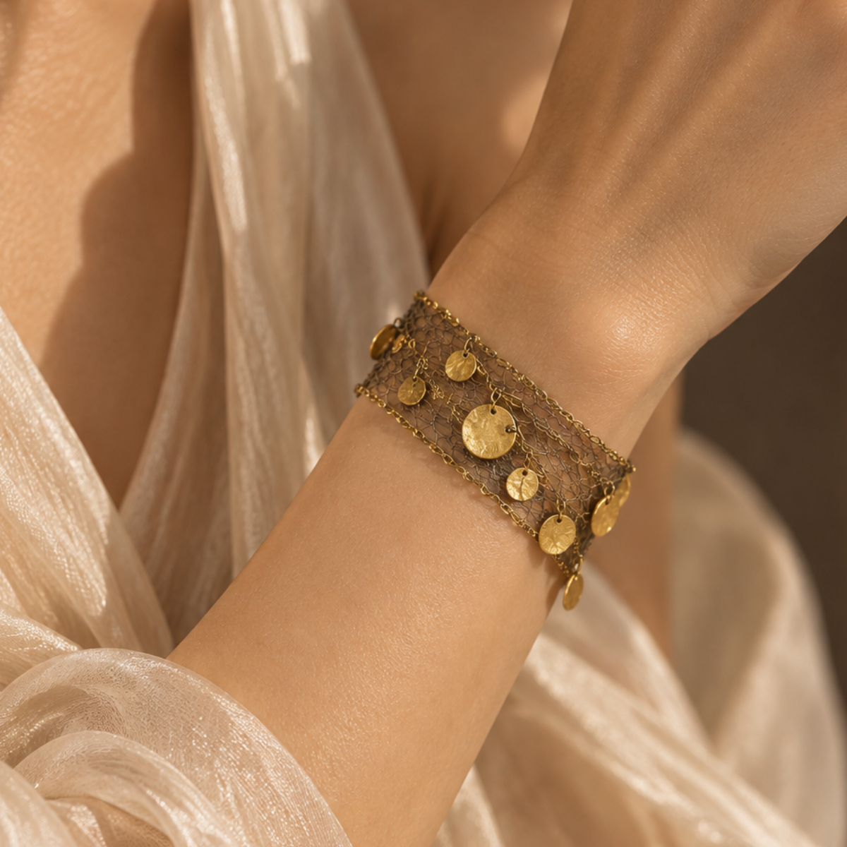 Gold Mesh Coin-Drop Bracelet