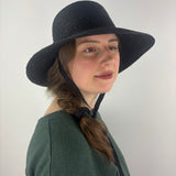 HENRI Raffia Classic Flat Top Wide Brim Sun Hat with Ribbon Ties Black - Big Bag NY