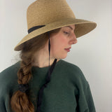 HENRI Raffia Classic Flat Top Wide Brim Sun Hat with Ribbon Ties Natural - Big Bag NY