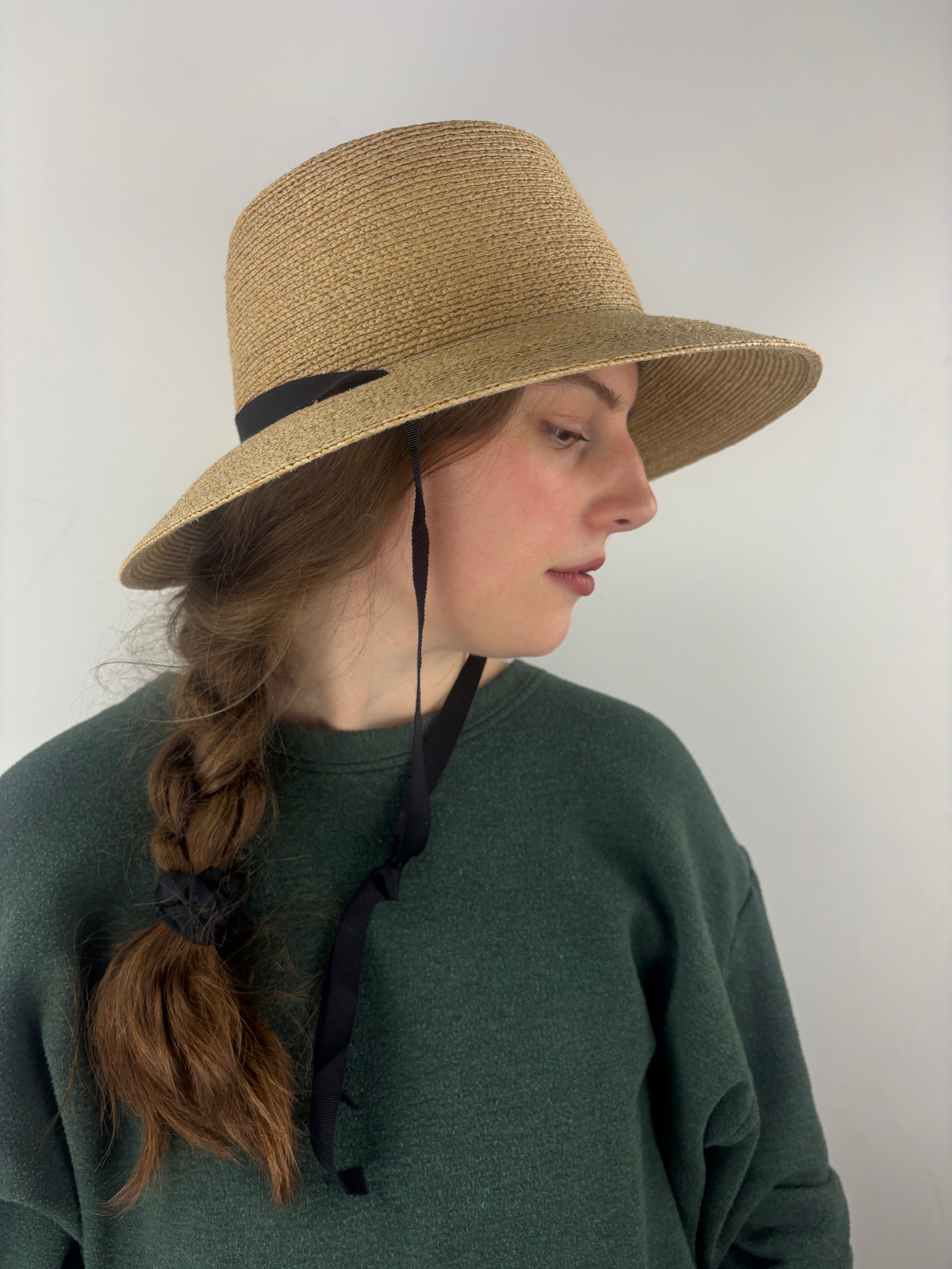 HENRI Raffia Classic Flat Top Wide Brim Sun Hat with Ribbon Ties Natural - Big Bag NY