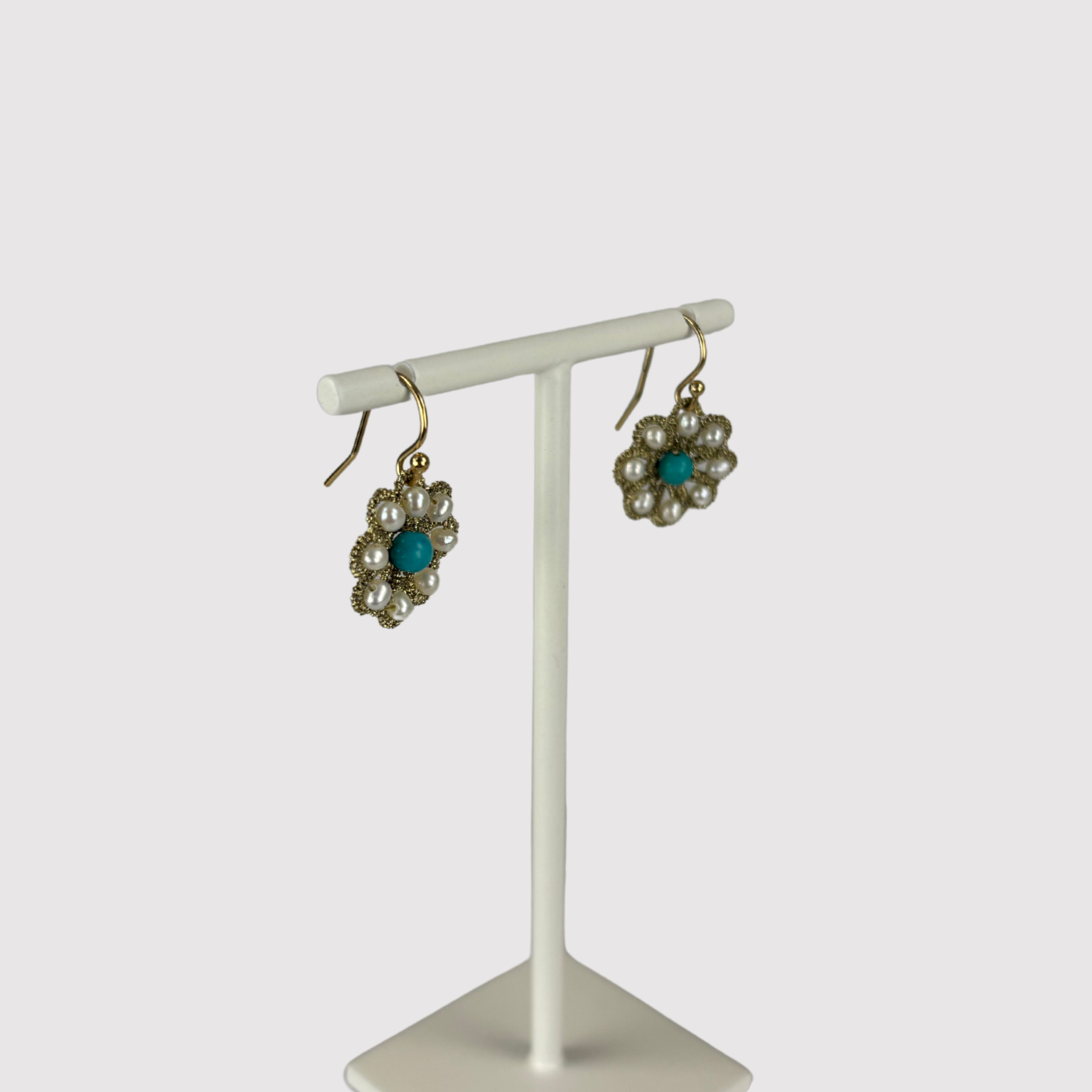 Danielle Welmond Turquoise and Pearl Woven Daisy Flower Earrings