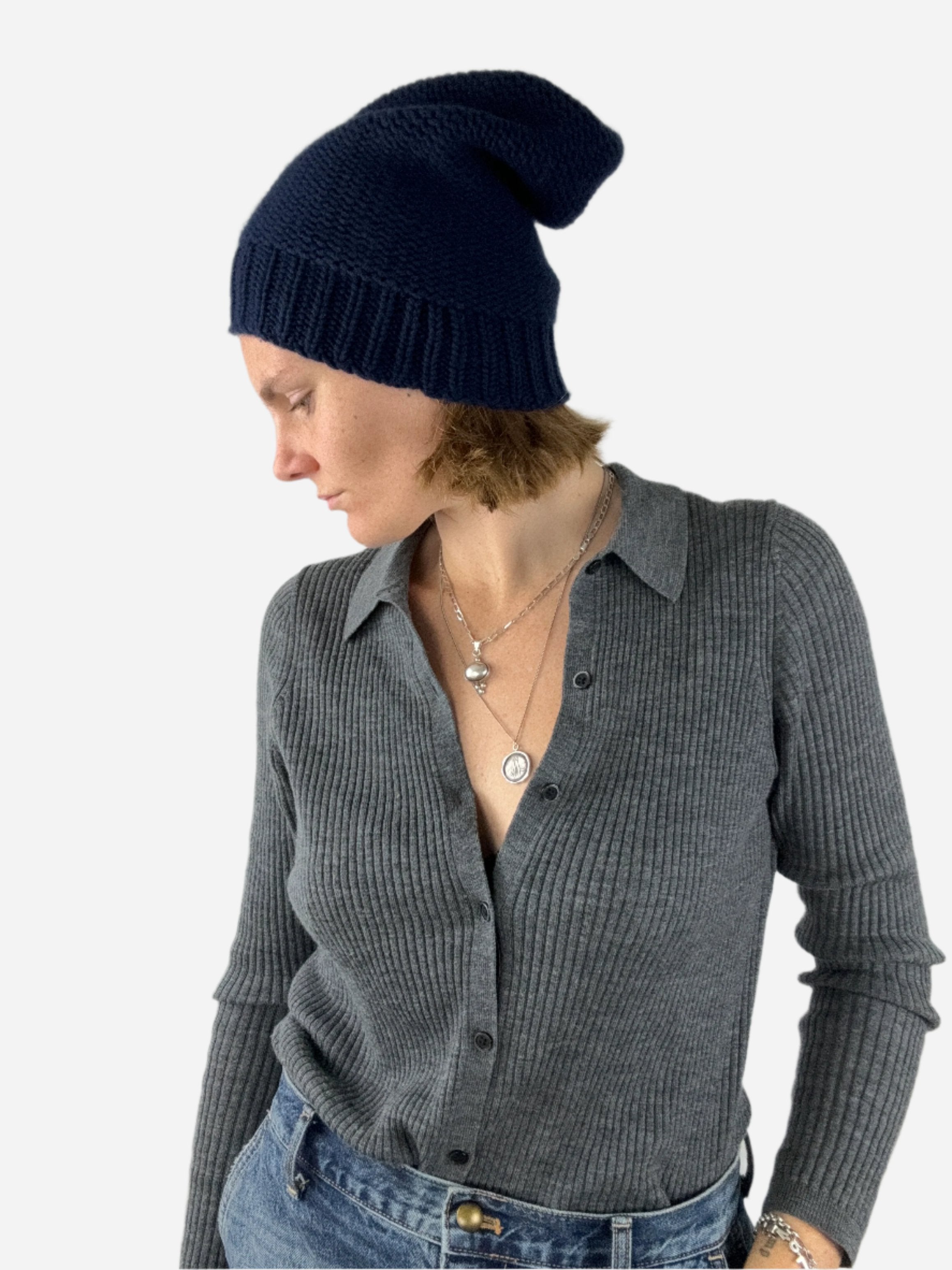 Navy Riviera Cashmere Floppy Beanie - Big Bag NY