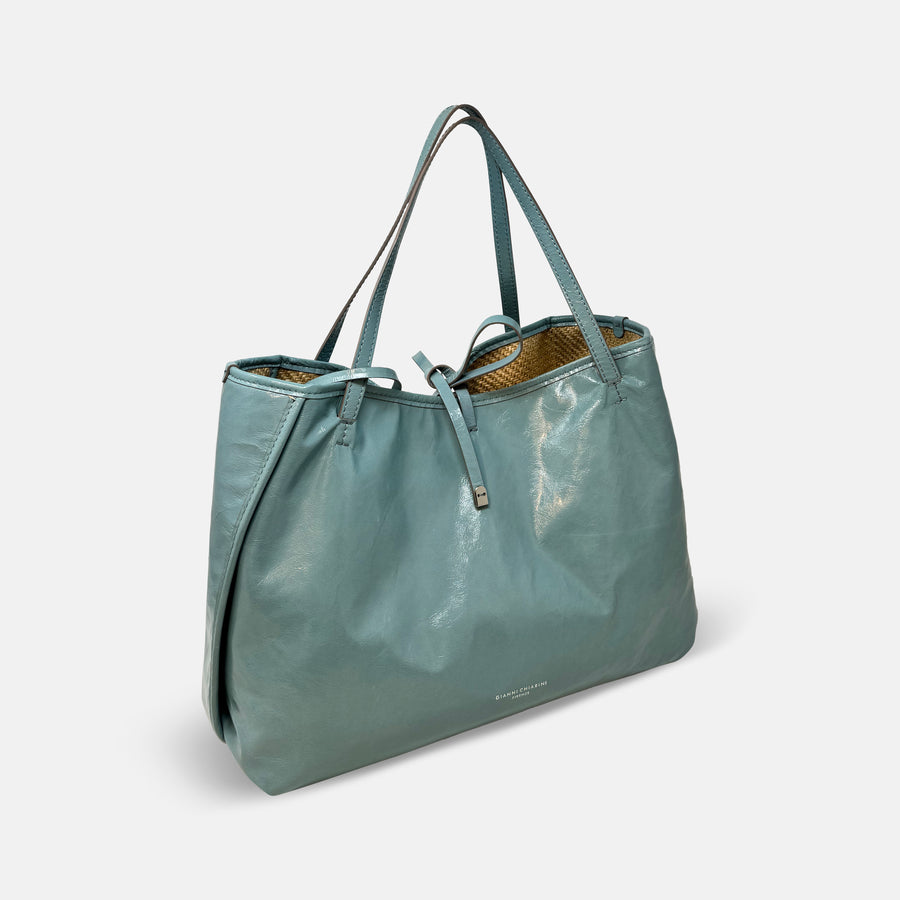 Gianni Chiarini Reversible Patent Leather and Woven Raffia Tote Azur Blue - Big Bag NY