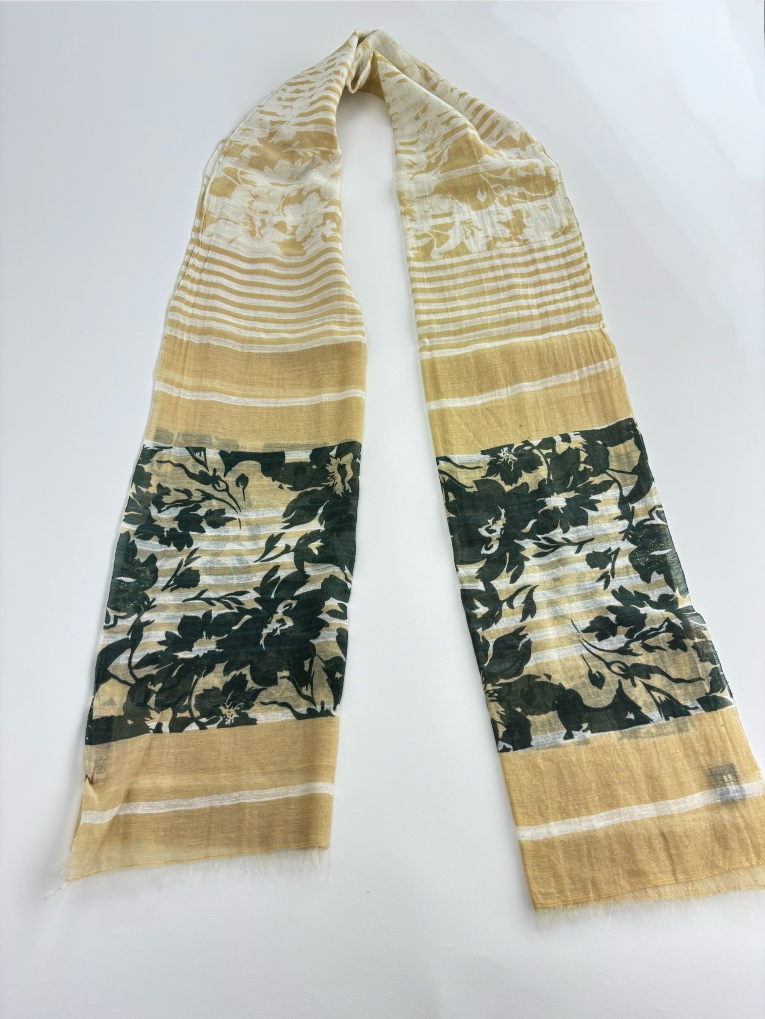 Gold and Green Floral Silk Cotton Scarf - Big Bag NY