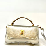 Beige and Gold Contrast Flap Clutch with Shoulder Strap