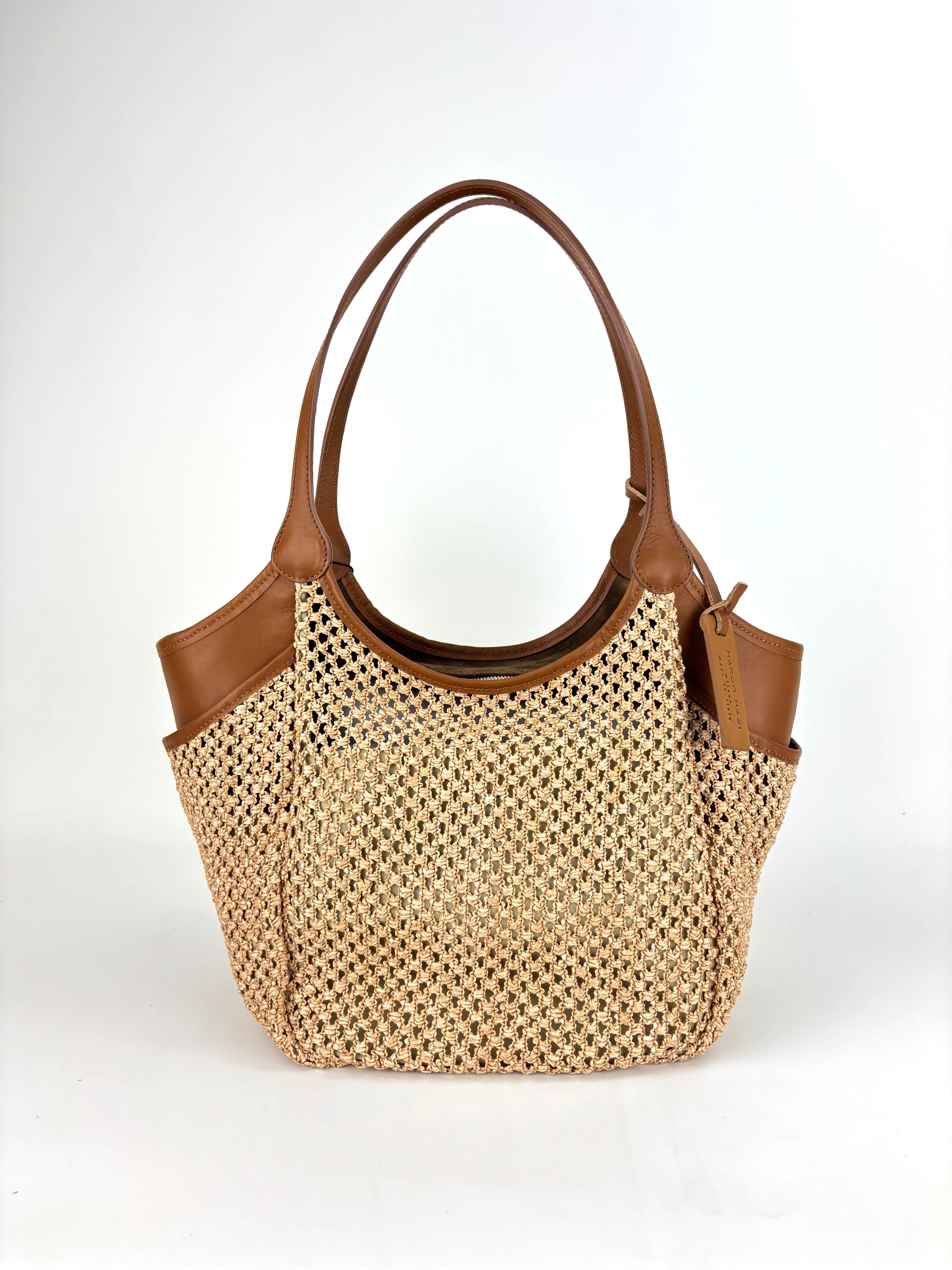 Marco Masi Raffia Mesh Zip Tote with Leather Side Pockets Tan - Big Bag NY