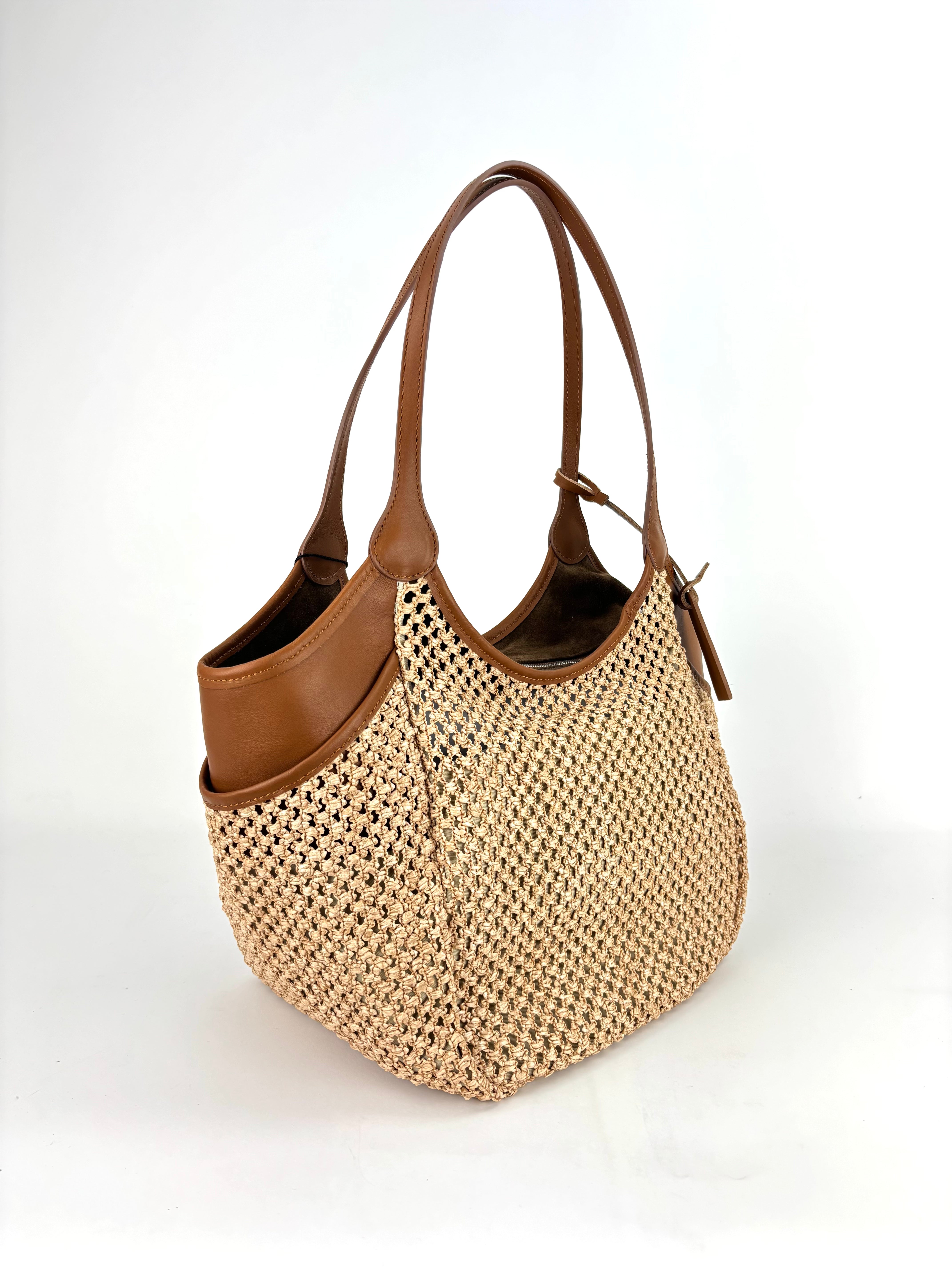 Marco Masi Raffia Mesh Zip Tote with Leather Side Pockets Tan - Big Bag NY