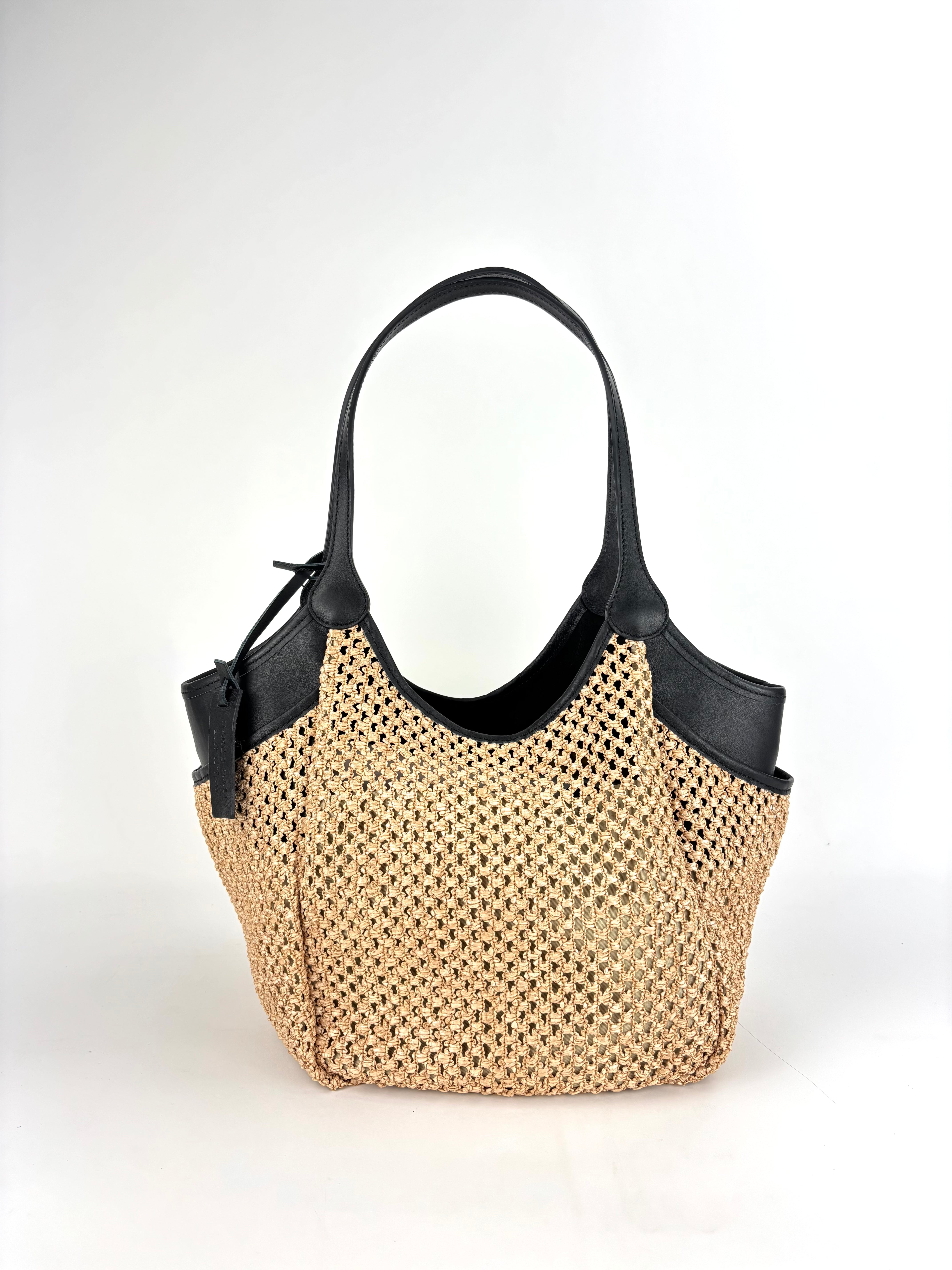 Marco Masi Raffia Mesh Zip Tote with Leather Side Pockets Black - Big Bag NY