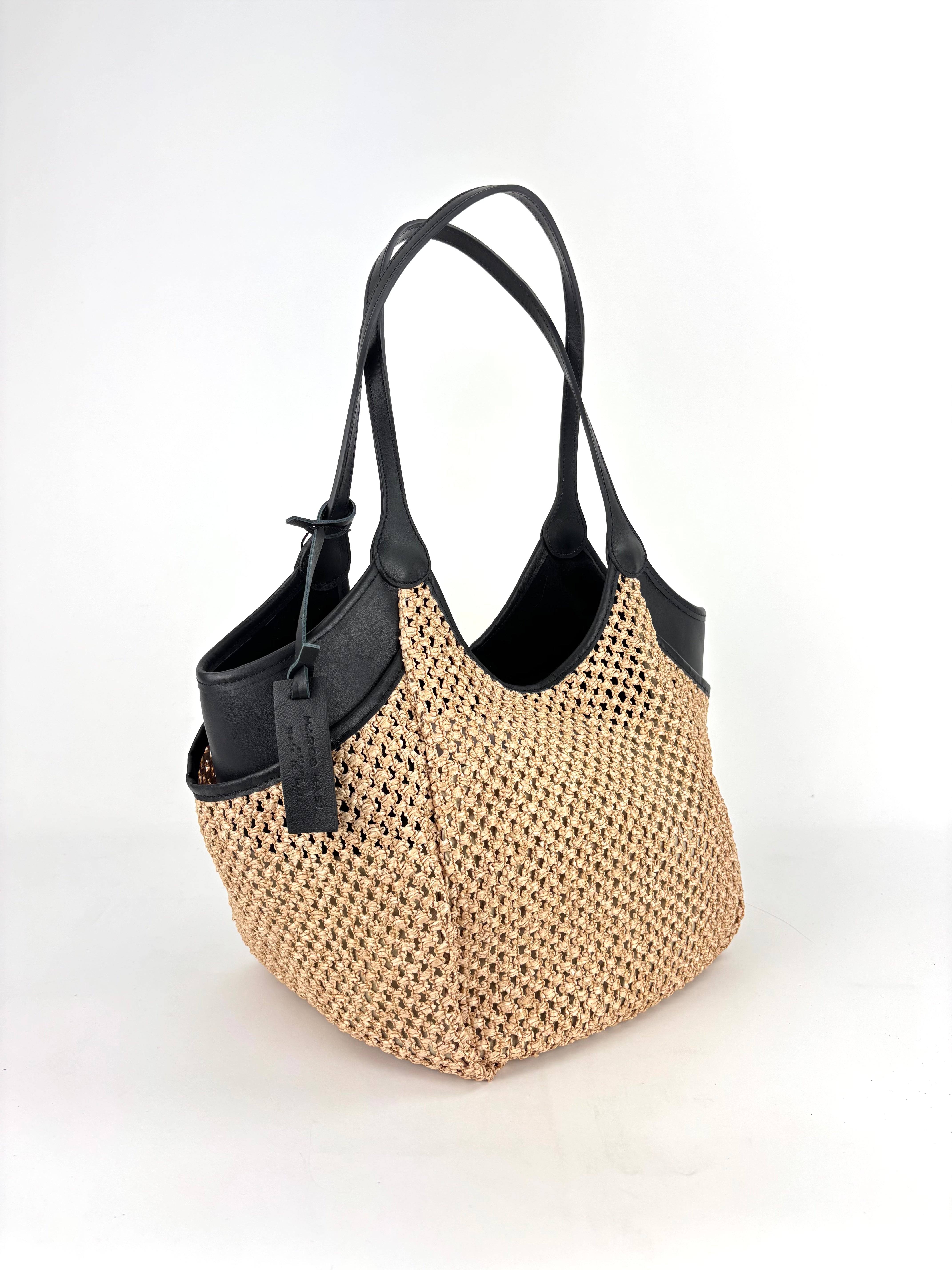 Marco Masi Raffia Mesh Zip Tote with Leather Side Pockets Black - Big Bag NY