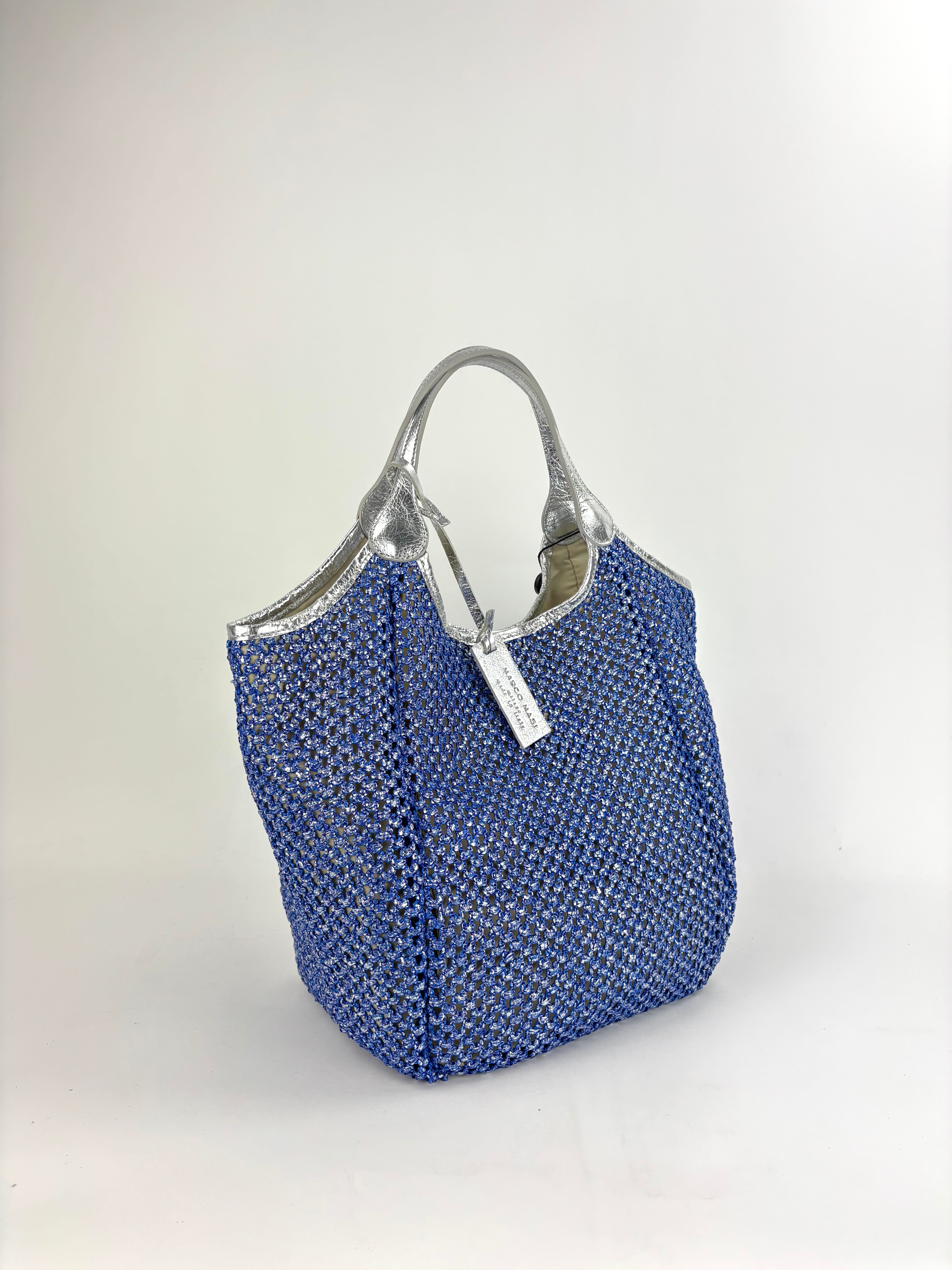 Marco Masi Metallic Silver and Blue Mermaid Raffia Mesh Shoulder Bag - Big Bag NY