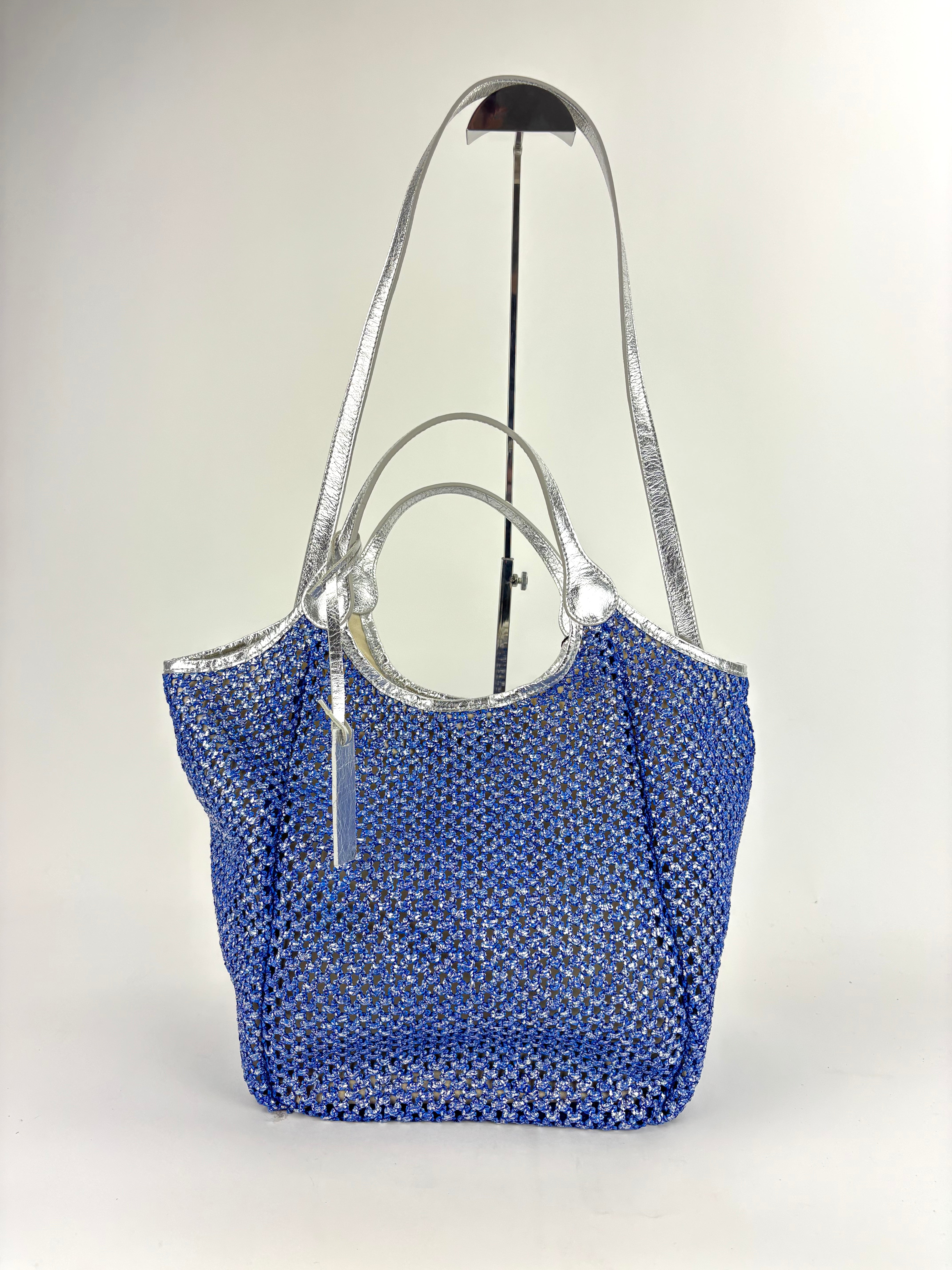 Marco Masi Metallic Silver and Blue Mermaid Raffia Mesh Shoulder Bag - Big Bag NY