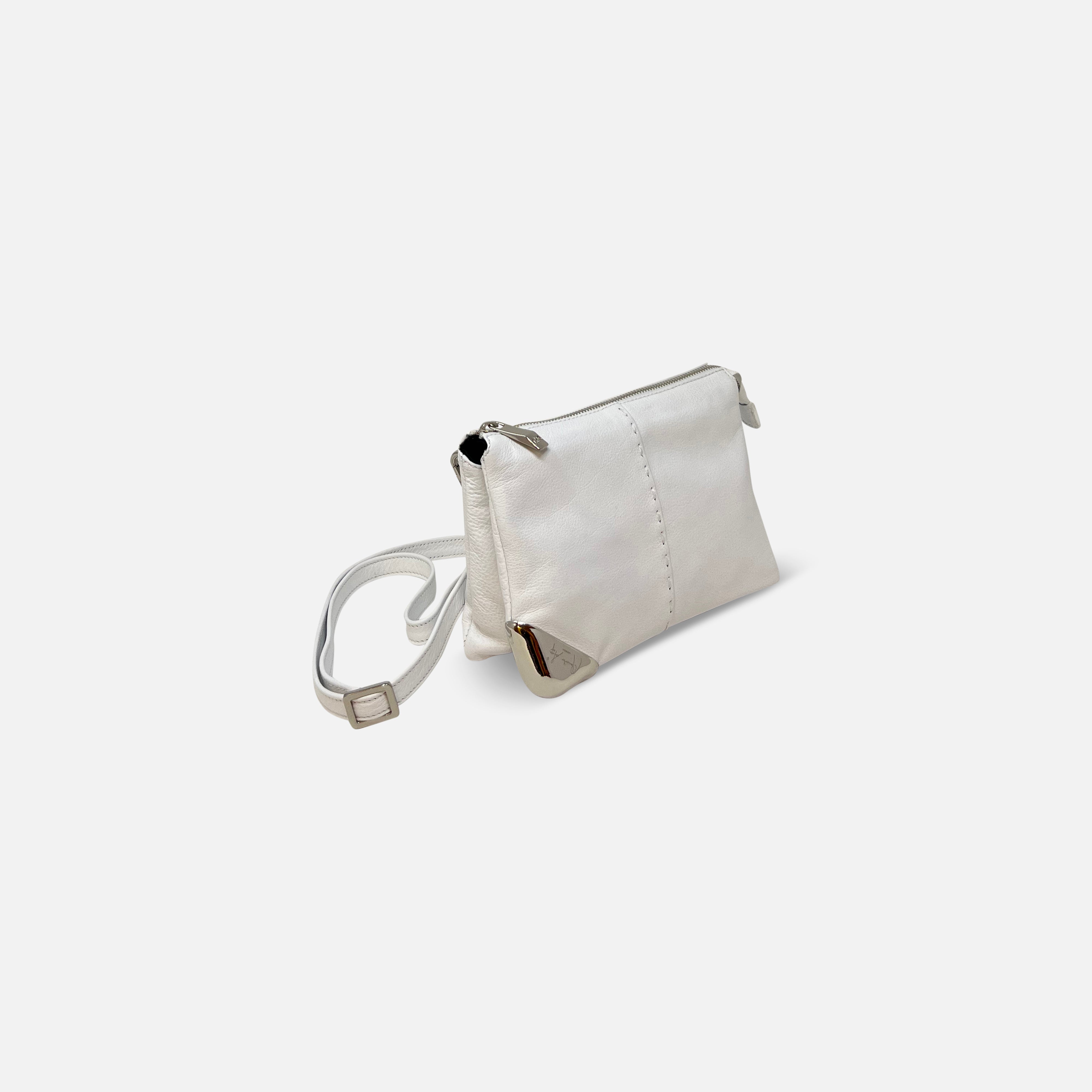 Small Leather Twin Pouch with Silver Crossbody White - Big Bag NY